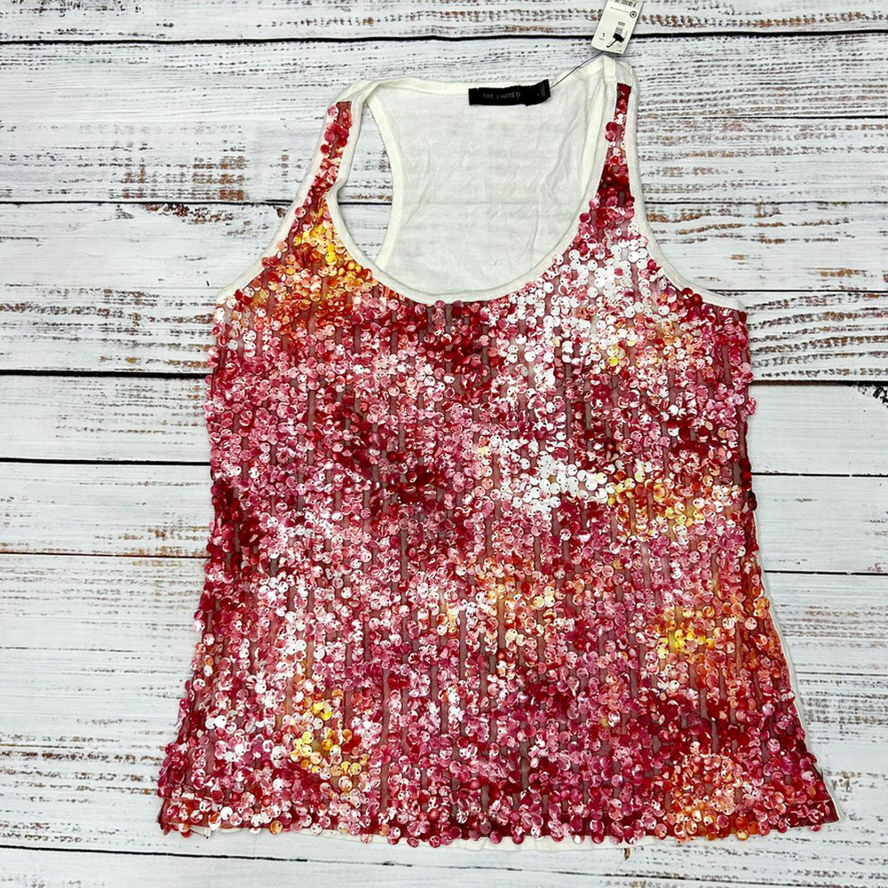 The Limited Y2K Sequin Tank Top L Pink Red Orange Racerback Party NWT
